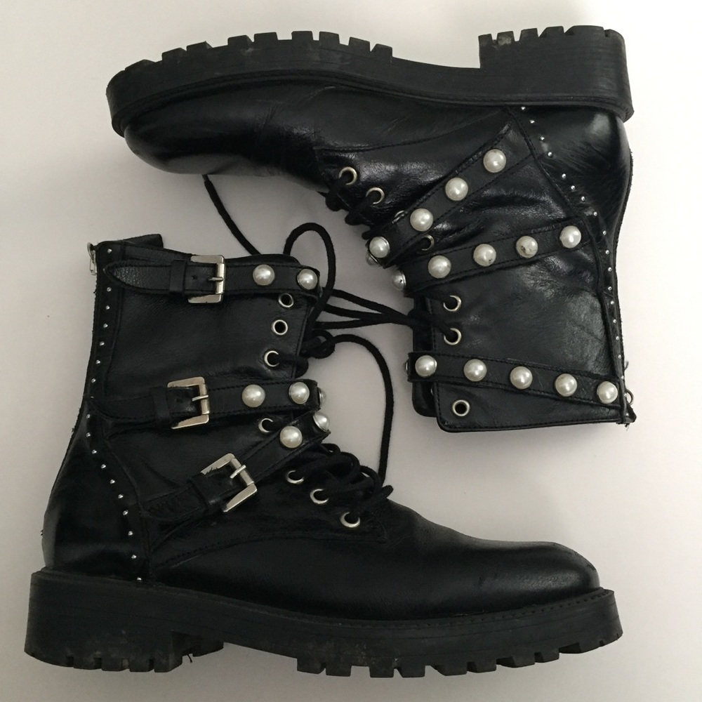 Zara Black Moto Biker Pearl Combat Boots 38